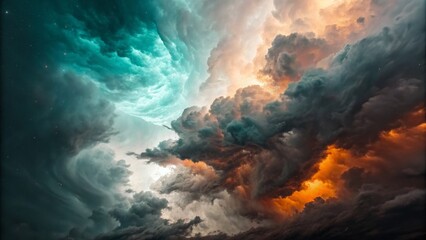 Fototapeta premium Cosmic Cloudscape Teal and Orange Storm, Abstract Composition, Dramatic Sky, Digital Art Cloudscape, Digital Painting