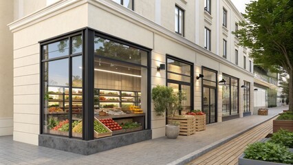 Corner Grocery Store 3D Render, Beige Facade, Fresh Produce, Window Display, Urban Retail Grocery store design, retail architecture