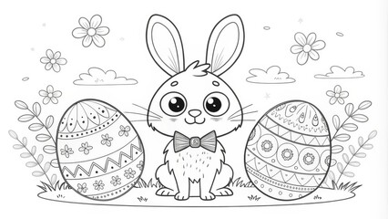 Obraz premium Easter Bunny with Decorated Eggs Coloring Page Black and White Line Art, Floral Design, Cute Rabbit, Easter Coloring Book Easter, Coloring Pages