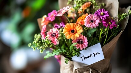 A bouquet of vibrant "Thank You" flowers wrapped in eco-friendly paper, with a simple thank you note attached, ready to be gifted to someone special as a token of appreciation