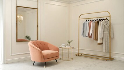 Elegant Clothing Room Gold Rack, Pink Chair, Minimalist Decor, Interior Design, Fashion Showroom Fashion, Interior Design