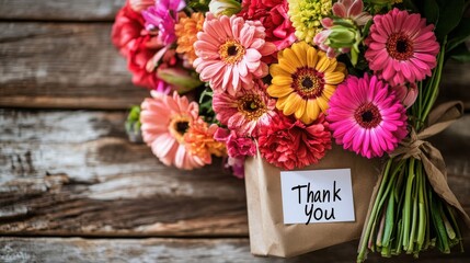 A bouquet of vibrant "Thank You" flowers wrapped in eco-friendly paper, with a simple thank you note attached, ready to be gifted to someone special as a token of appreciation