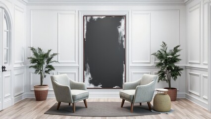 Modern Living Room Interior with Stylish Armchairs, Indoor Plants, and Abstract Artwork on Wall—Elegant Home Design Aesthetic