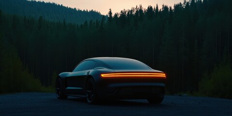 ev car concept. Sleek electric car parked in a forest at dusk, showcasing modern design and illuminated rear lights.