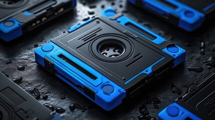 Obraz premium Blue and Black Audio Cassettes on an Black Background 