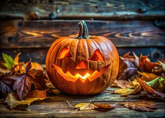 Halloween pumpkin on weathered wood, wide shot.