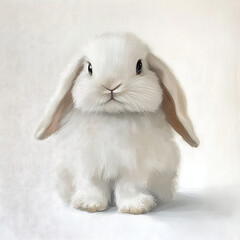 A cute white rabbit is sitting on a white background