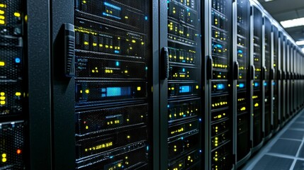 Naklejka premium Clean and well-organized server room background featuring rows of servers, cooling units, and network cables, designed to reflect the importance of data security and IT infrastructure.