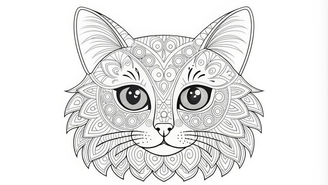 Ornate Cat Mandala Black and White Line Art, Zentangle Design, Coloring Page, Cat Illustration coloring book, cat mandala