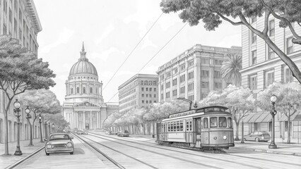 Obraz premium Pencil Sketch Cityscape with Tram, Dome Building and Classic Cars, urban landscape, street scene Cityscape, Pencil Drawing