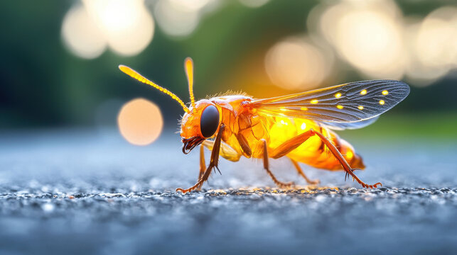 glowing firefly with illuminated body and wings on textured surface