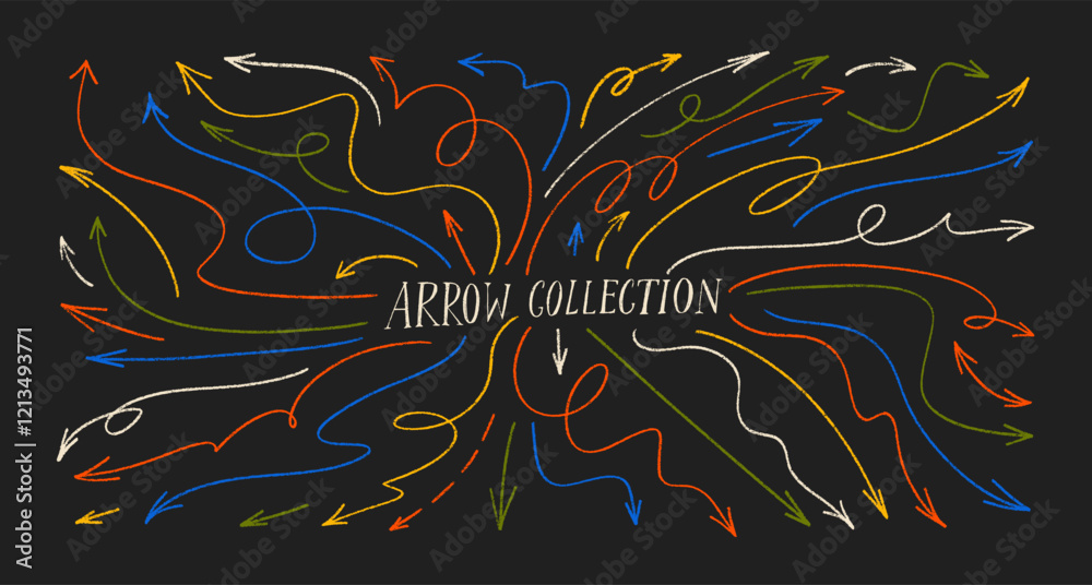 Poster crayon drawn squiggle and wavy arrows collection. vector hand drawn long thin arrows with loops, str