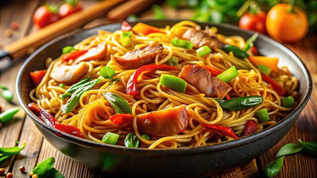 Home-cooked Filipino pansit chow mein, a culinary masterpiece.  Mouthwatering food photography.