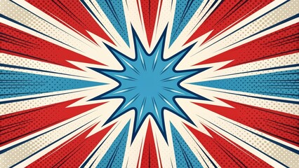 Retro Comic Book Burst Radial Design, Red, White, Blue, Pop Art, Explosion, Vector Pop Art