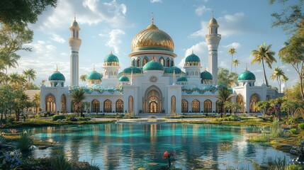 Fototapeta premium Majestic Mosque, Tropical Oasis, Daytime Render, Peaceful Reflection