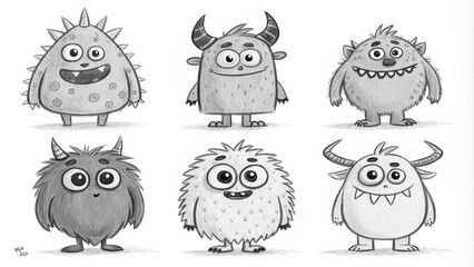 Six Friendly Pencil Sketch Monsters Character Design, Illustration, Cute, Funny, Monsters Keywords monster, illustration