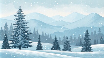 Fototapeta premium Snowy Mountain Winter Landscape Watercolor Painting, Blue Hues, Serene Scenery, Christmas card, winter background Winter Wonderland, Watercolor Painting