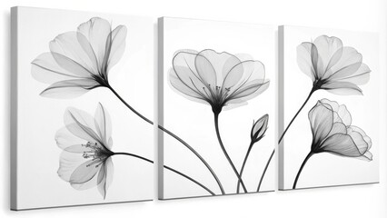 Triptych Canvas Wall Art Monochrome Floral X-Ray, Modern Minimalist Flower Design, Black and White Botanical Print Canvas Print, Botanical Art