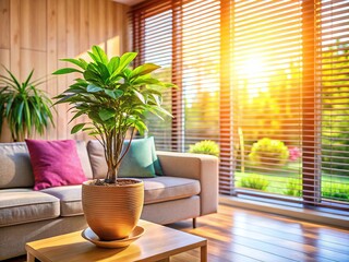 Interior shot: deep focus on houseplant, living room, AI-generated blinds.