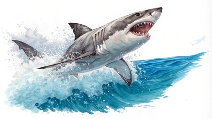 Naklejka premium Watercolor Great White Shark Leaping from Ocean Wave, Aquatic Predator Art, Marine Life Painting Shark Art, Watercolor Painting