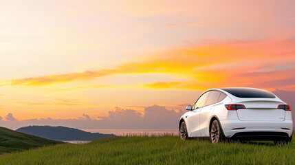 Naklejka premium ev car concept. A white car parked on a grassy hill under a vibrant sunset sky.