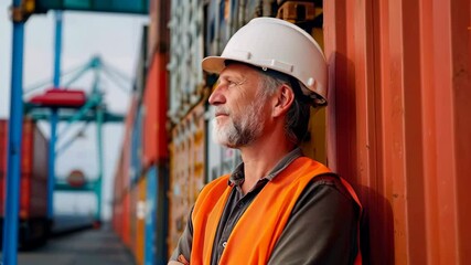 A middleaged man wearing an orange safety vest and white helmet stands in front of stacked shipping containers, looking towards the horizon with confidence as he proudily smiles at camera