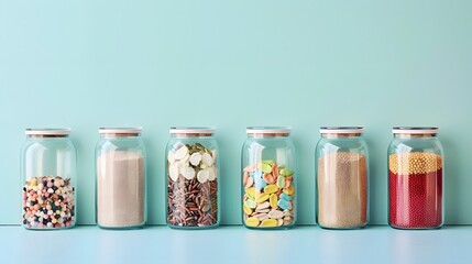 Organized Glass Jars with Colorful Foods Showcased in Minimal Pastel Tones