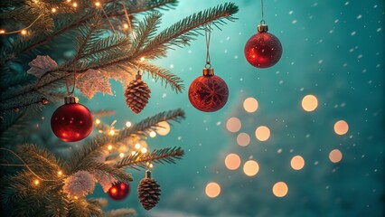 Christmas Tree Ornaments Close-up, Red Baubles, Pine Cones, Fairy Lights, Teal Background, Festive, Winter
