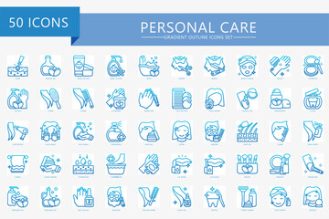 Personal care gradient icons set, contain lotion, comb, soap, skincare, makeup, barber, manicure and more. For print, digital concept, UI or UX kit, web and app. vector EPS 10 for health, beauty.