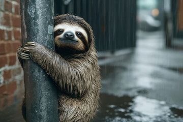 Fototapeta premium a sloth found clinging to a metal pole in the middle of road.