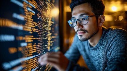 Focused Japanese man with glasses programming cyber security code, the reflection in his eyewear showcasing intricate code as he works to protect against modern hacking threats.