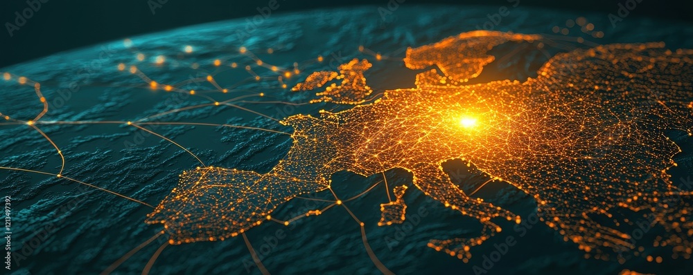 Poster ev car concept. digital representation of europe illuminated with bright lights and network connecti