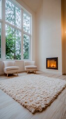 Fototapeta premium Cozy Farmhouse Living Room with Fireplace Shag Rug