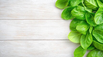 Fototapeta premium Fresh spinach leaves on white wooden background; healthy eating concept