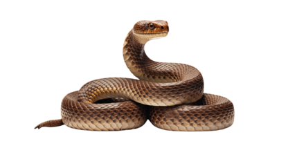Closeup of a coiled brown snake isolated on a transparent background