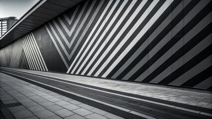 Naklejka premium Monochrome Cityscape Diagonal Stripes, Pavement Composition, Architectural Design, Black and White Photography Urban Design, Street Art