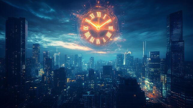 A vast, glowing clock floating above a city, marking the start of a new workday