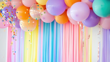 A close-up of birthday decorations featuring a colorful balloon arch, party streamers, and confetti-filled balloons, adding a touch of elegance to a festive birthday celebration
