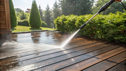 Pressure Washing Wooden Deck High-Angle Shot, Cleaning, Outdoor, Wood, Water Jet Pressure Washer, Deck Cleaning