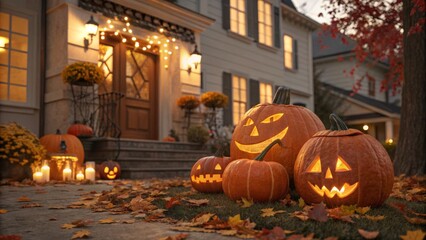 Obraz premium Spooky Halloween Jack-o'-lanterns on Porch, Autumn Leaves, Lit House, Night Scene, Halloween Decor Halloween, Jack o lantern