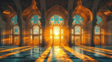 Sunlit Mosque Interior, Golden Rays, Architectural Details, Peaceful Sunrise, Spiritual Background