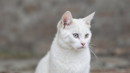 White Cat with Blue Eyes Sitting on the Ground, Pet Photography and Stray Cat