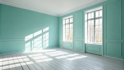 Obraz premium Sunlit Mint Room White Wood Floor, Teal Walls, Large Windows, Interior Design, Empty Space. Interior Design, Photography