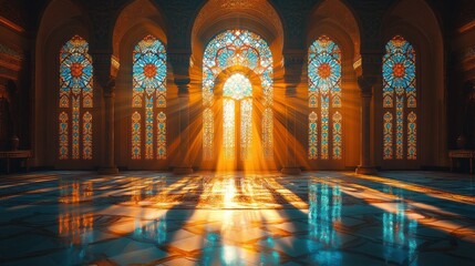 Fototapeta premium Sunlit Mosque Interior, Stained Glass, Arabian Architecture, Worship, Peace