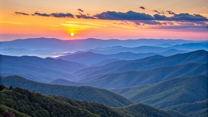 Obraz premium Sunset over Blue Ridge Mountains Layers of hills, vibrant sunset sky, landscape photography. ,landscape,nature photography