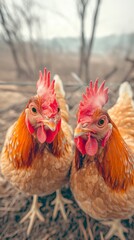Fototapeta premium Close up of Two Chickens Farm Animals Red Combs Vivid Eyes