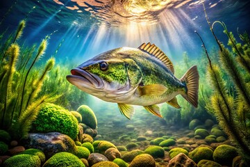 Fototapeta premium Panoramic SVG of a bass fish, vibrant underwater scene. Nature photography.