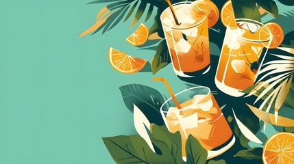 Tropical cocktail party banner featuring drinks, palm leaves, and vibrant elements