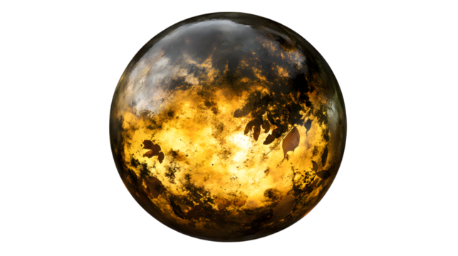 A glowing amber sphere with organic inclusions like fossilized leaves or insects, symbolizing nature preserved in time, placed centrally on a transparent background 