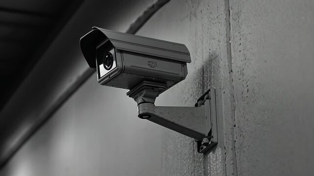 Security camera mounted on a wall in a dimly lit corridor for surveillance and safety measures